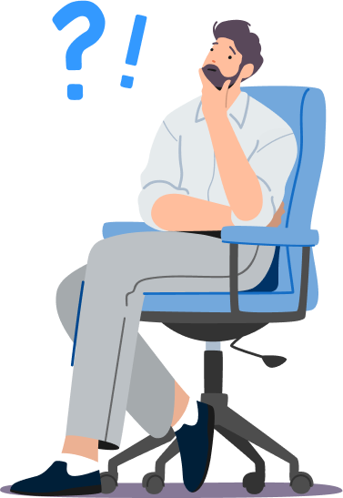 Businessman seated on a chair, deep in thought with hand on chin, surrounded by floating question marks symbolizing confusion or contemplation.