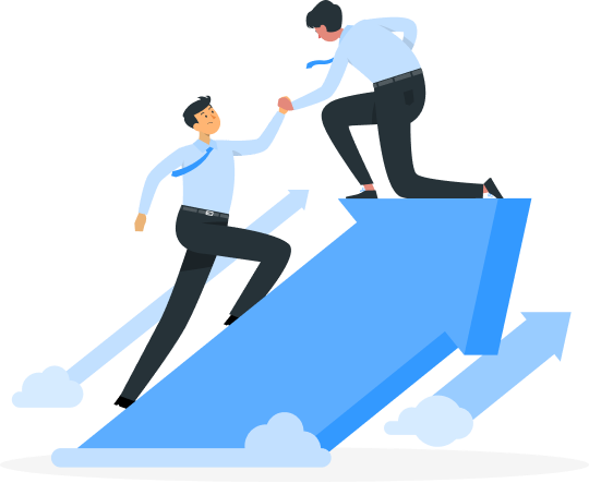 A businessman assisting another businessman to climb or move through an arrow, symbolizing guidance, direction, or helping to overcome a challenge.